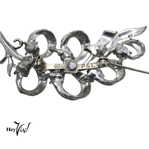 Vintage P&L Curved Looped Ribbon Pin Silver Metal Rhinestones 2" long - Hey Viv - Picture 3 of 6